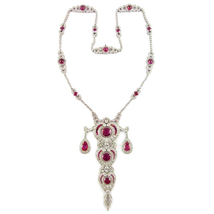 Early 20th century ruby and diamond tiered pendant necklace, made in France c.1910, probably for Dreicer &amp; Co. New York, | MasterArt
